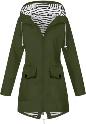Women Waterproof Jacket Lightweight Long Hooded Raincoat Lined Windbreaker Jacket Zip Up Coat