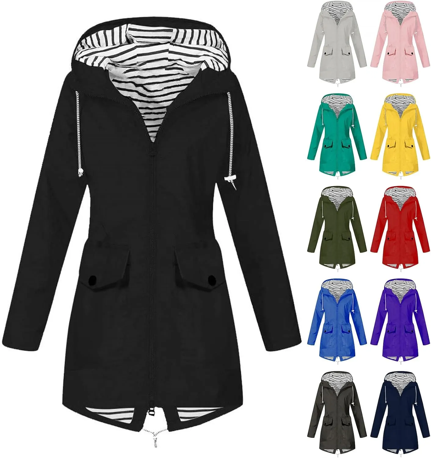 Women Waterproof Jacket Lightweight Long Hooded Raincoat Lined Windbreaker Jacket Zip Up Coat