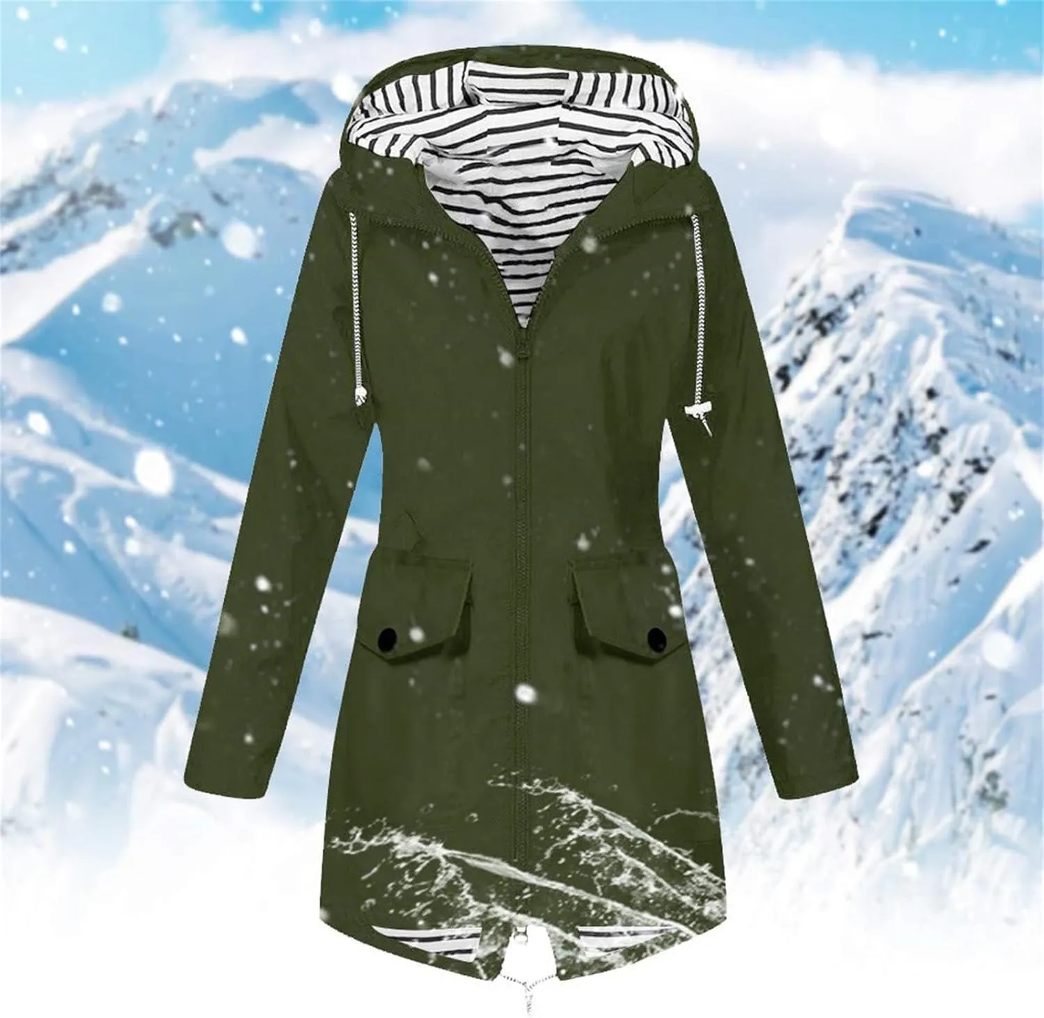 Women Waterproof Jacket Lightweight Long Hooded Raincoat Lined Windbreaker Jacket Zip Up Coat
