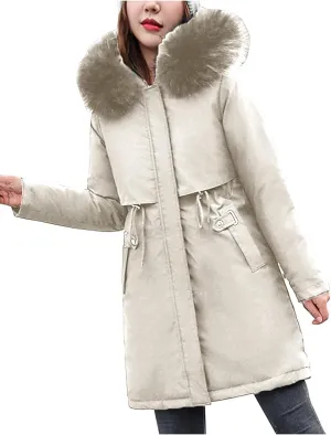 Women Winter Coats Solid Thicken Fleece Cotton Jackets Zipper Long Sleeve Down Coats with Pockets Outerwear