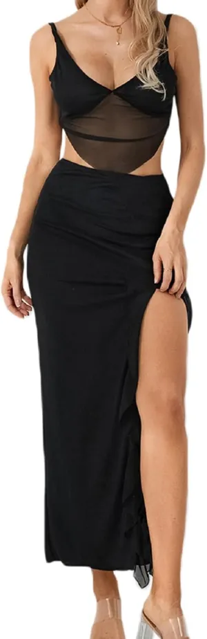 Women Y2k 2 Piece Maxi Skirts Set Halter Cami Crop Tops Ruffle Long Skirts Mesh Outfits Beachwear