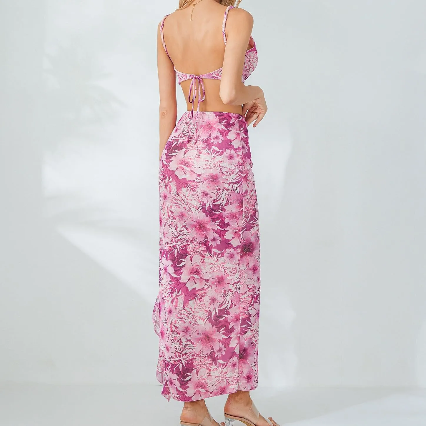 Women Y2k 2 Piece Maxi Skirts Set Halter Cami Crop Tops Ruffle Long Skirts Mesh Outfits Beachwear