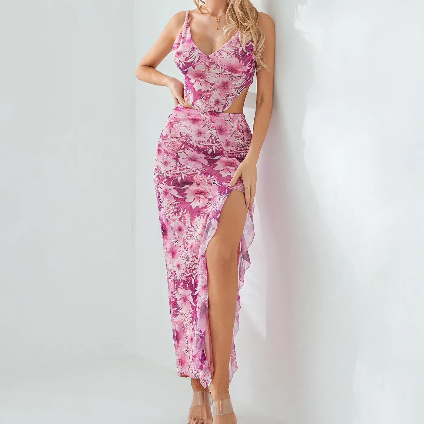 Women Y2k 2 Piece Maxi Skirts Set Halter Cami Crop Tops Ruffle Long Skirts Mesh Outfits Beachwear