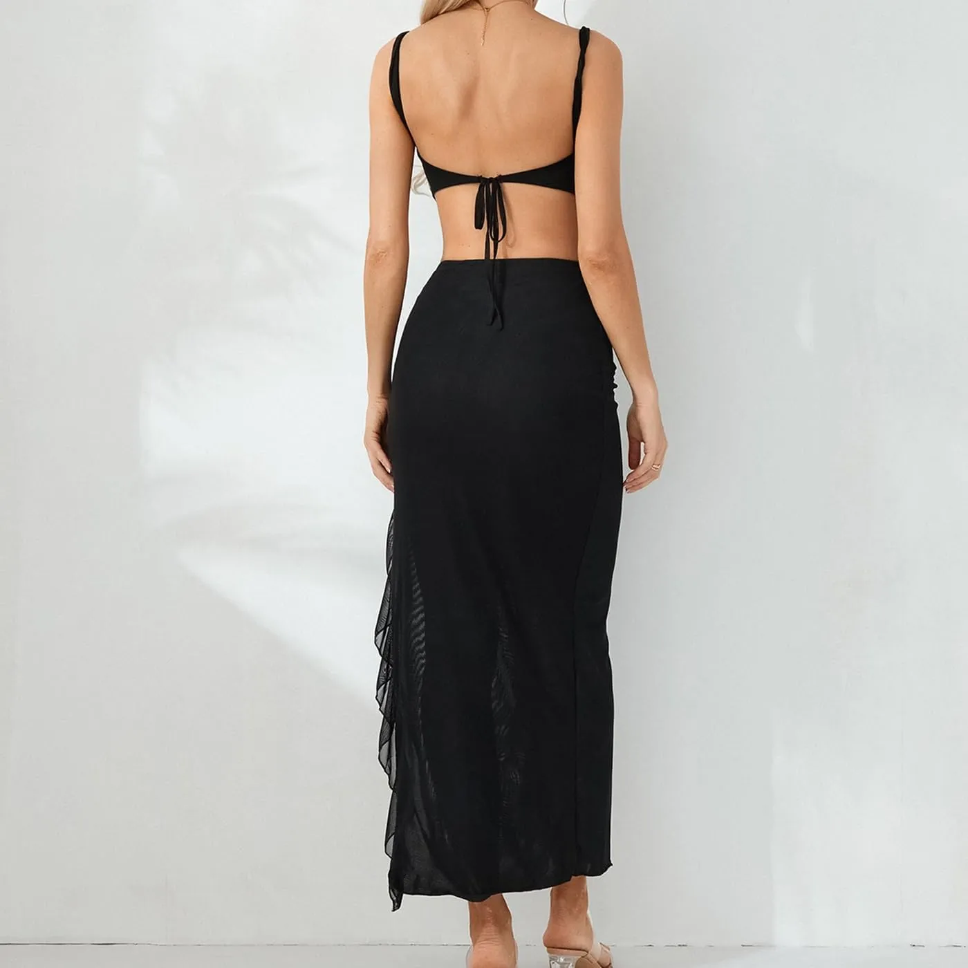 Women Y2k 2 Piece Maxi Skirts Set Halter Cami Crop Tops Ruffle Long Skirts Mesh Outfits Beachwear