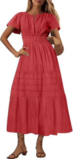 Women's 2025 Summer Short Sleeve V Neck Midi Dress Casual Loose Smocked Elastic Waist Boho Beach Swing Dresses