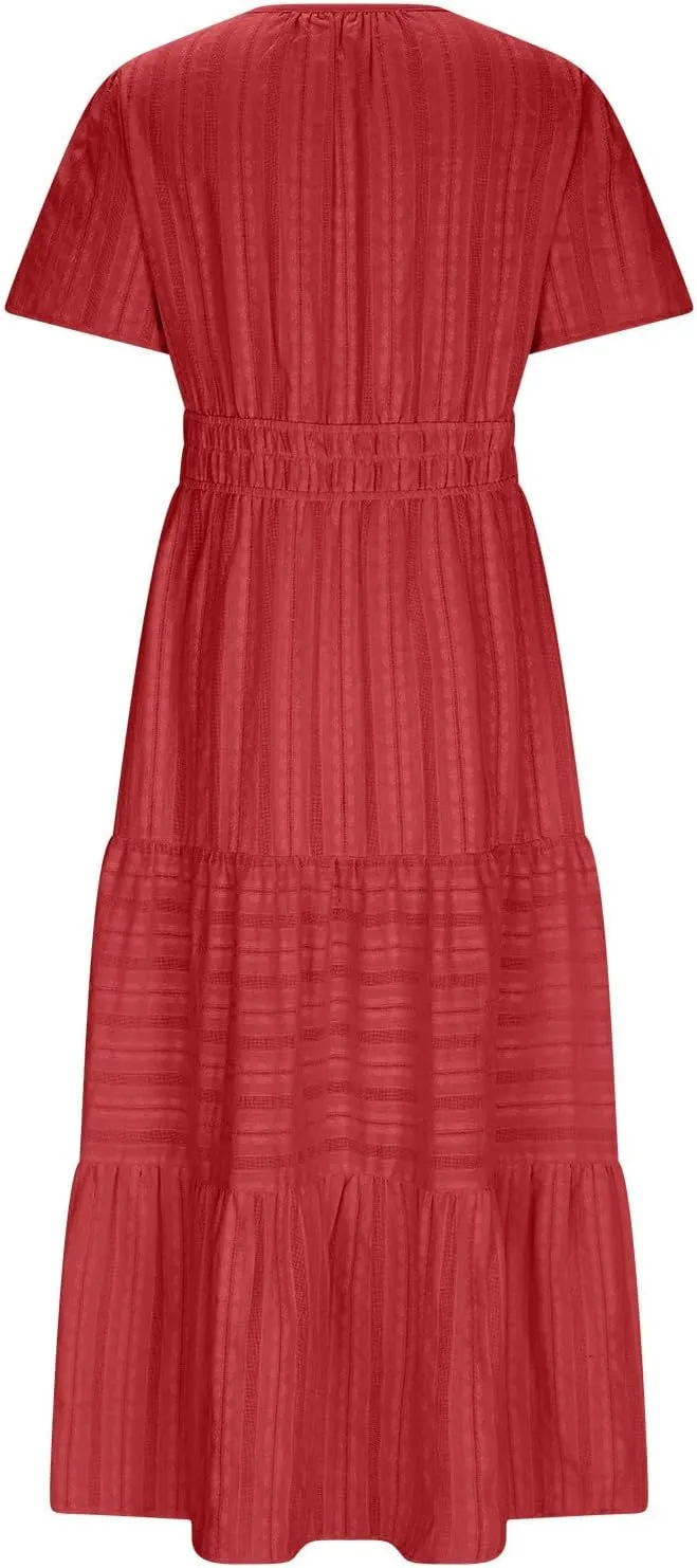 Women's 2025 Summer Short Sleeve V Neck Midi Dress Casual Loose Smocked Elastic Waist Boho Beach Swing Dresses