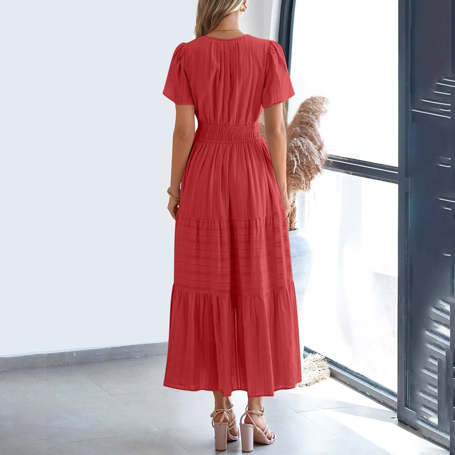 Women's 2025 Summer Short Sleeve V Neck Midi Dress Casual Loose Smocked Elastic Waist Boho Beach Swing Dresses