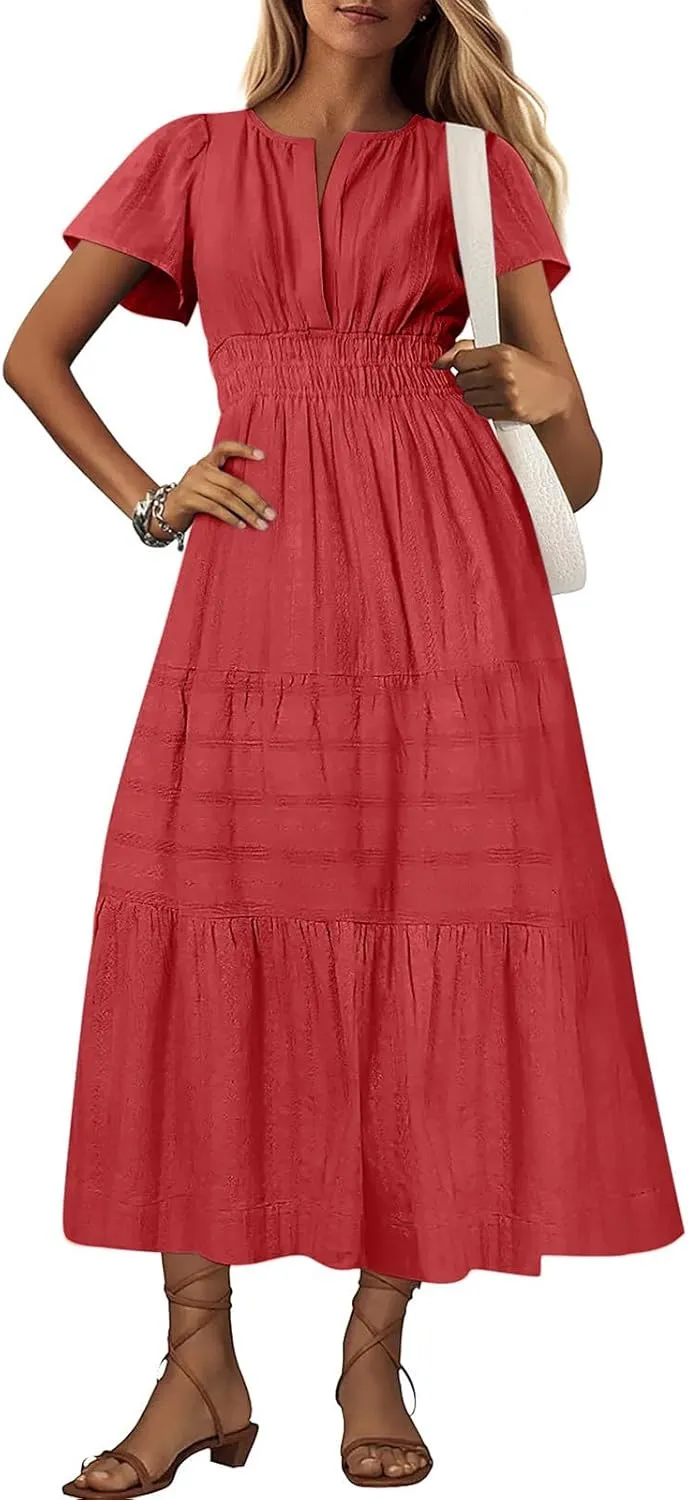 Women's 2025 Summer Short Sleeve V Neck Midi Dress Casual Loose Smocked Elastic Waist Boho Beach Swing Dresses