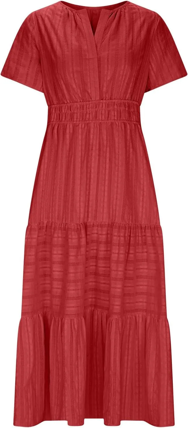 Women's 2025 Summer Short Sleeve V Neck Midi Dress Casual Loose Smocked Elastic Waist Boho Beach Swing Dresses