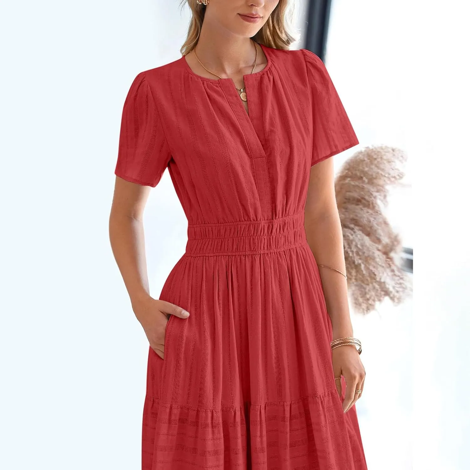 Women's 2025 Summer Short Sleeve V Neck Midi Dress Casual Loose Smocked Elastic Waist Boho Beach Swing Dresses