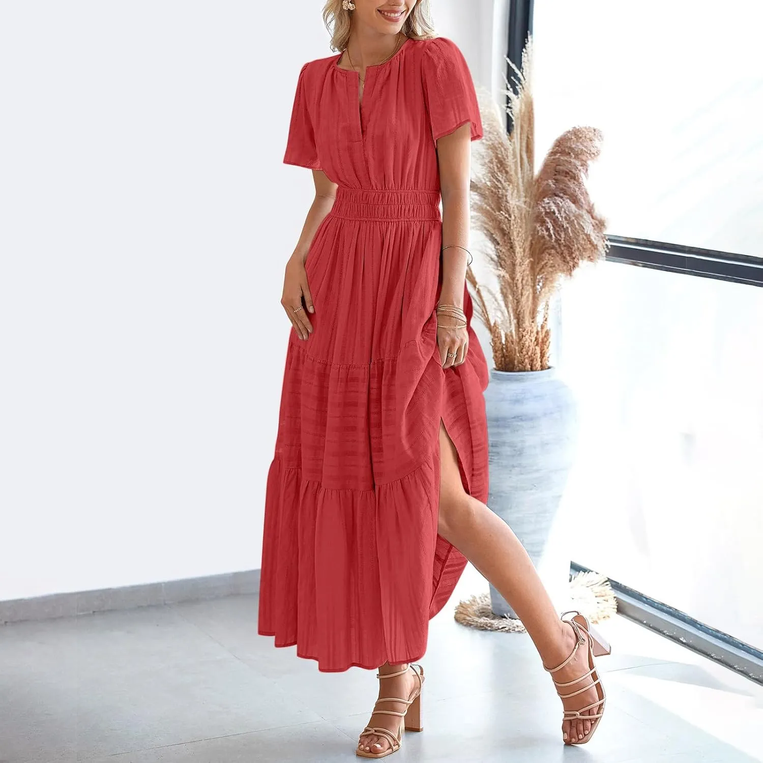 Women's 2025 Summer Short Sleeve V Neck Midi Dress Casual Loose Smocked Elastic Waist Boho Beach Swing Dresses