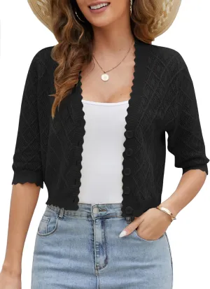 Women's 3/4 Sleeve Cropped Cardigan, Lightweight Cardigans Sweaters Open Front Crochet Knit Bolero Shrugs for Dresses
