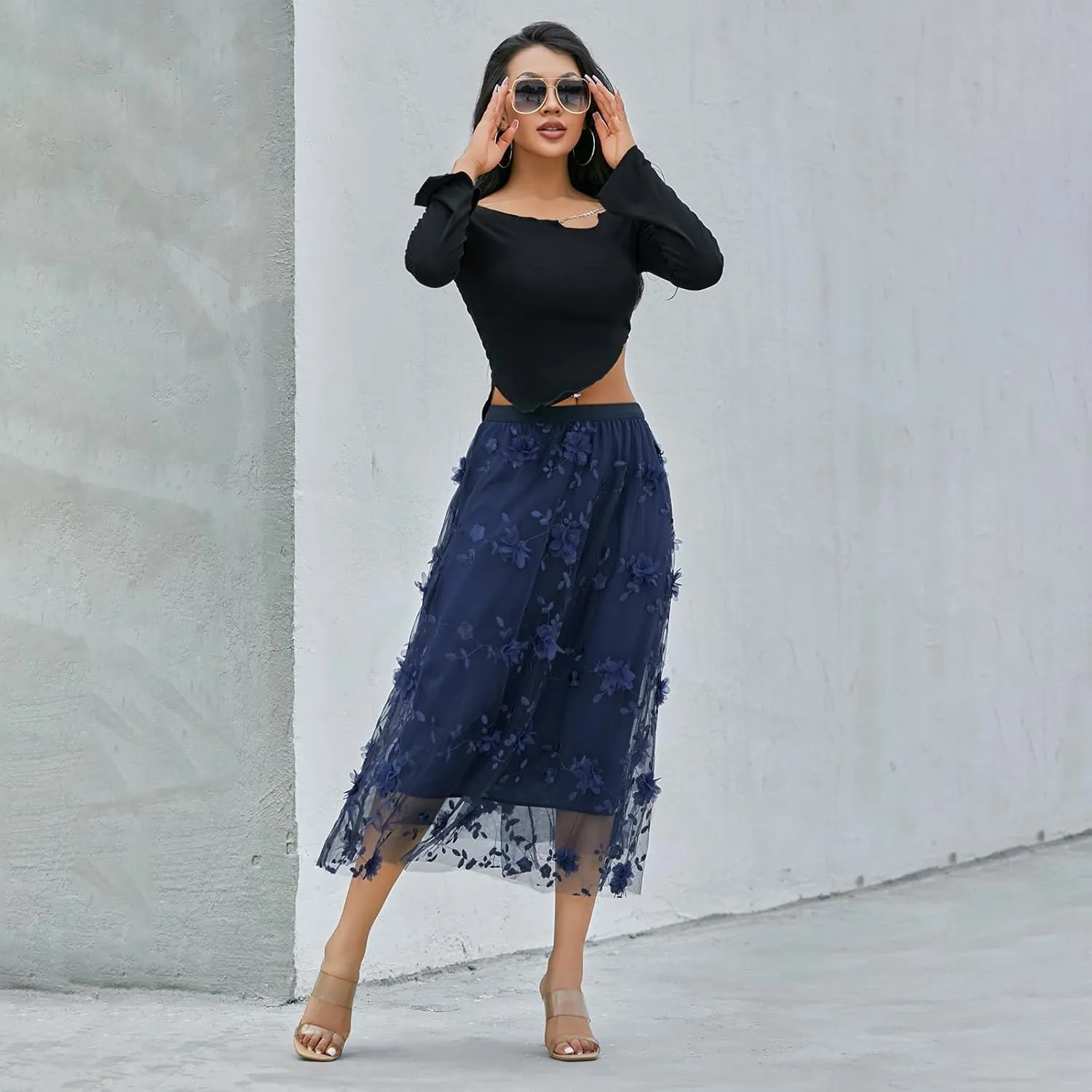 Women's 3D Floral Butterfly Embroidery Tulle Skirts Layered Elastic High Waist Tutu Midi Pleated Mesh A-Line Skirt