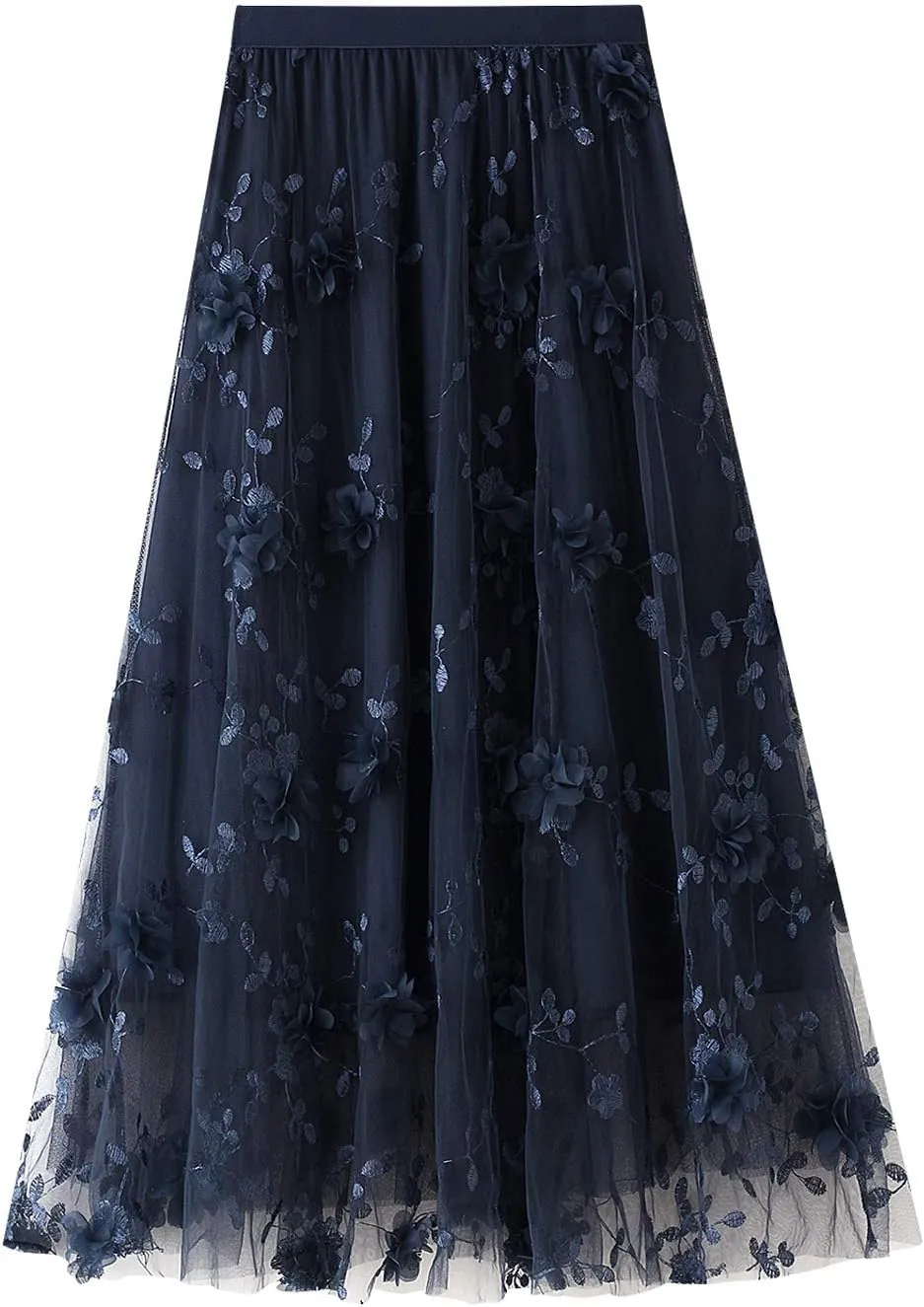 Women's 3D Floral Butterfly Embroidery Tulle Skirts Layered Elastic High Waist Tutu Midi Pleated Mesh A-Line Skirt