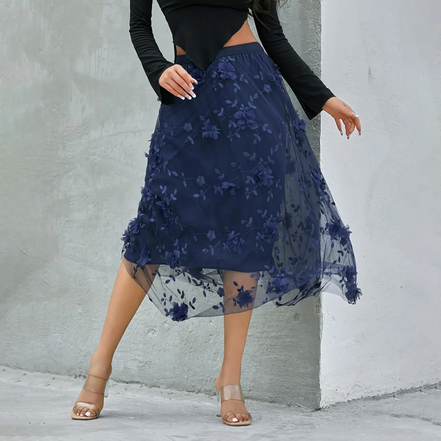 Women's 3D Floral Butterfly Embroidery Tulle Skirts Layered Elastic High Waist Tutu Midi Pleated Mesh A-Line Skirt