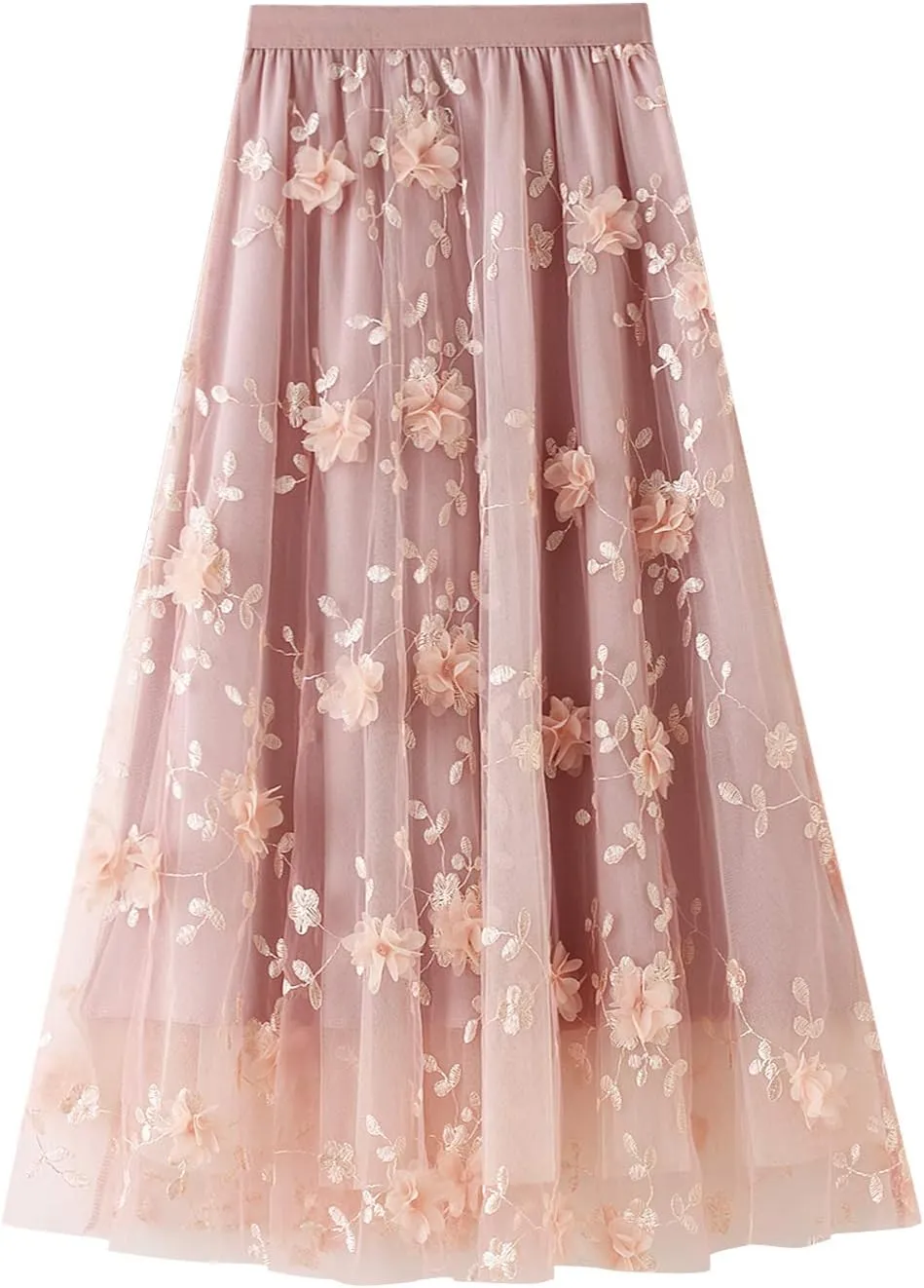 Women's 3D Floral Butterfly Embroidery Tulle Skirts Layered Elastic High Waist Tutu Midi Pleated Mesh A-Line Skirt