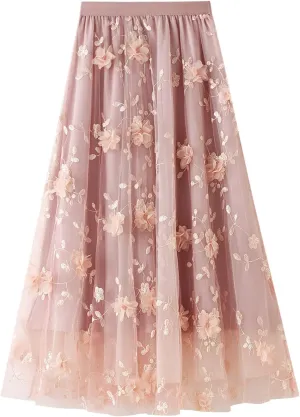 Women's 3D Floral Butterfly Embroidery Tulle Skirts Layered Elastic High Waist Tutu Midi Pleated Mesh A-Line Skirt