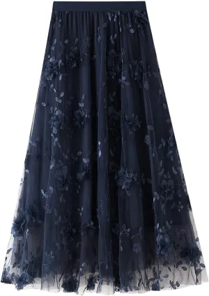 Women's 3D Floral Butterfly Embroidery Tulle Skirts Layered Elastic High Waist Tutu Midi Pleated Mesh A-Line Skirt