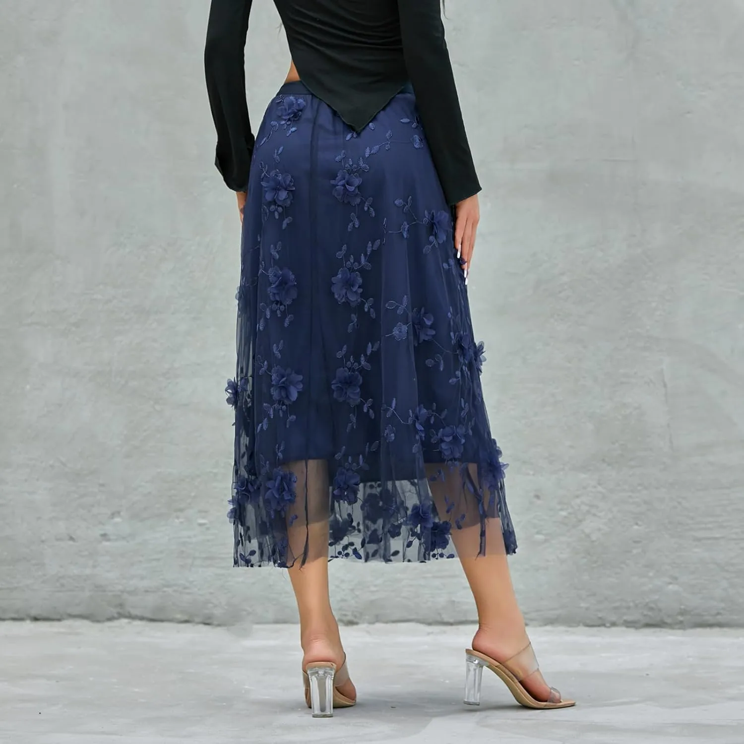 Women's 3D Floral Butterfly Embroidery Tulle Skirts Layered Elastic High Waist Tutu Midi Pleated Mesh A-Line Skirt