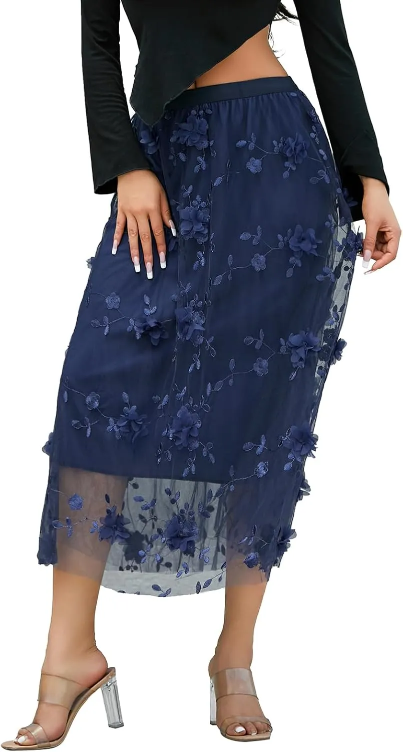 Women's 3D Floral Butterfly Embroidery Tulle Skirts Layered Elastic High Waist Tutu Midi Pleated Mesh A-Line Skirt