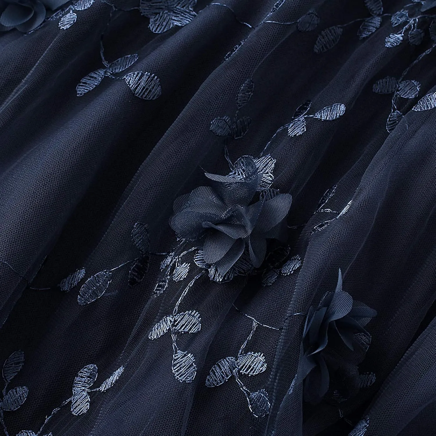 Women's 3D Floral Butterfly Embroidery Tulle Skirts Layered Elastic High Waist Tutu Midi Pleated Mesh A-Line Skirt