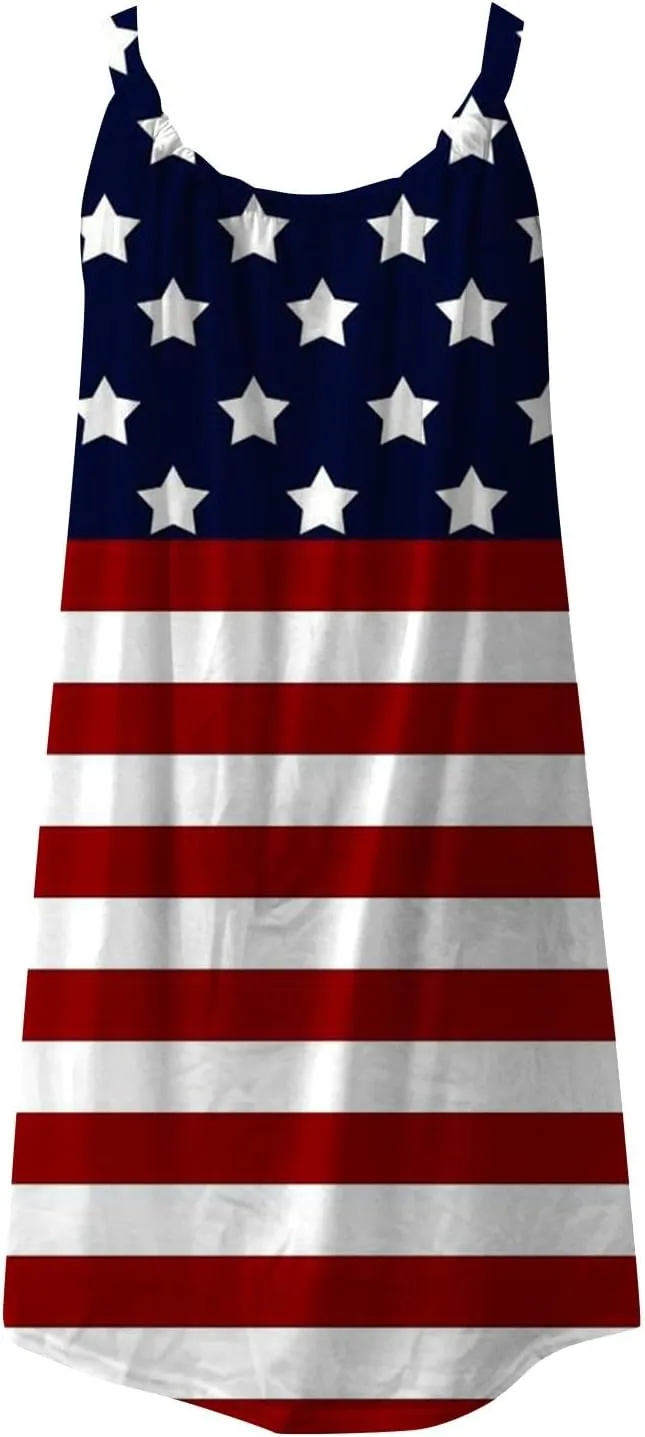 Women's 4th of July USA Flag Print Midi Slip Dress 2024 Summer Casual Beach Dress Plus Size Elegant Flowy Dresses