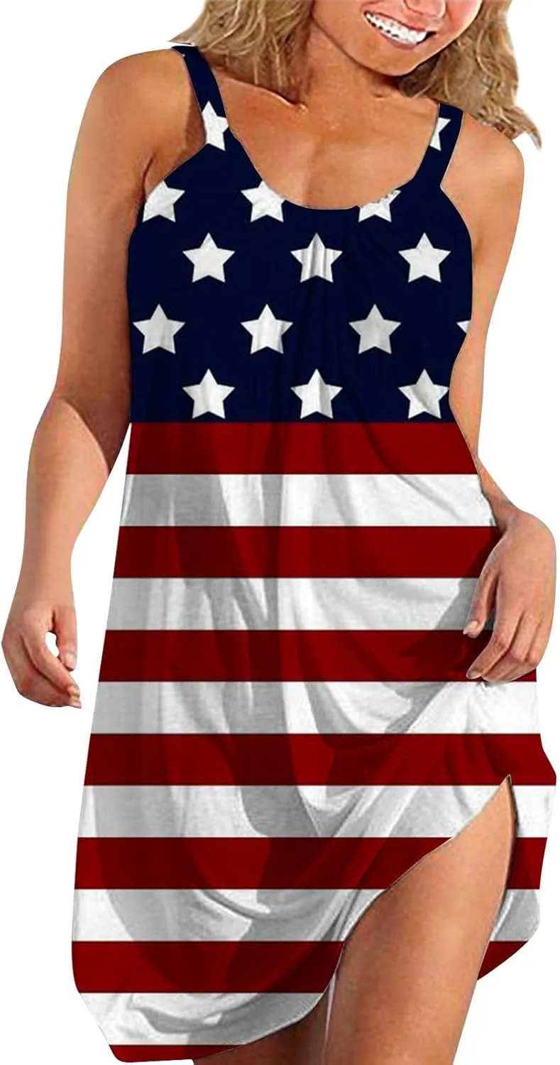 Women's 4th of July USA Flag Print Midi Slip Dress 2024 Summer Casual Beach Dress Plus Size Elegant Flowy Dresses