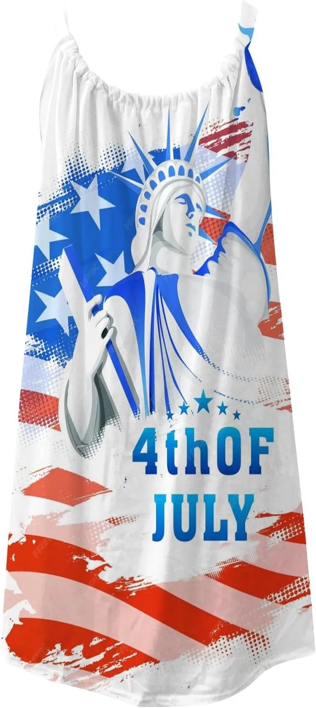 Women's 4th of July USA Flag Print Midi Slip Dress 2024 Summer Casual Beach Dress Plus Size Elegant Flowy Dresses