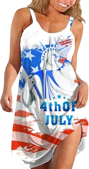 Women's 4th of July USA Flag Print Midi Slip Dress 2024 Summer Casual Beach Dress Plus Size Elegant Flowy Dresses