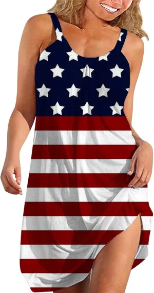 Women's 4th of July USA Flag Print Midi Slip Dress 2024 Summer Casual Beach Dress Plus Size Elegant Flowy Dresses