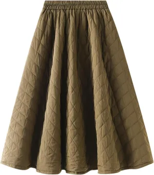 Women's A-Line Warm Skirt Casual Girl Elastic High Waist Midi Skirt Winter Fall Thicken Pleated Flared Skirt