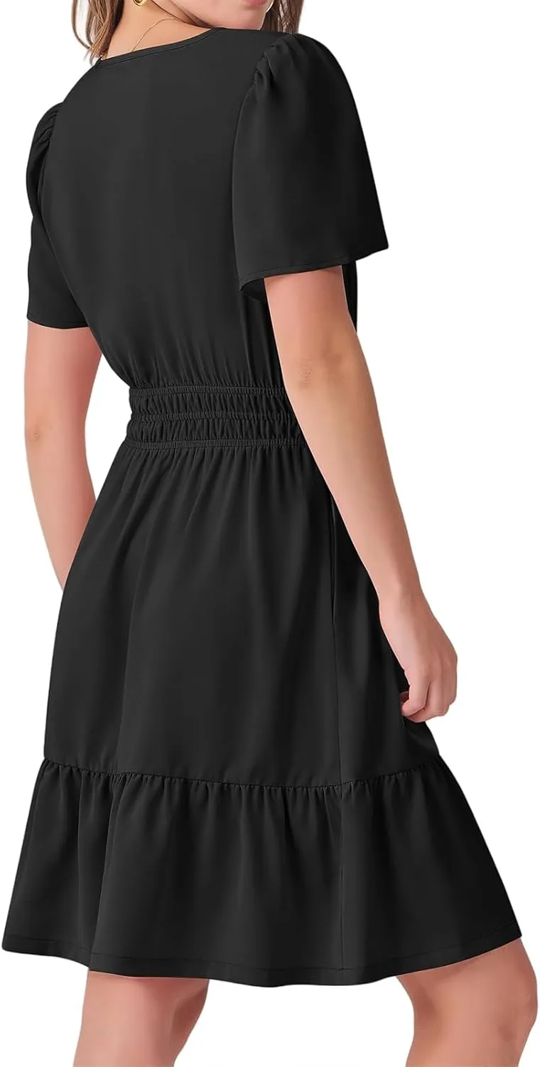 Womens Boho Short Summer Dresses Casual Beach Vacation Sun Dress V Neck Short Sleeve Floral A-Line High Waist Dresses