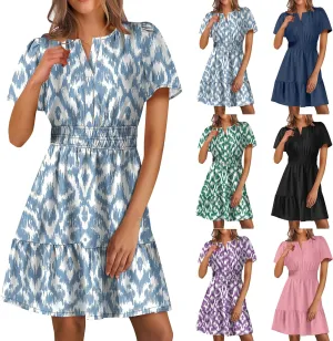 Womens Boho Short Summer Dresses Casual Beach Vacation Sun Dress V Neck Short Sleeve Floral A-Line High Waist Dresses