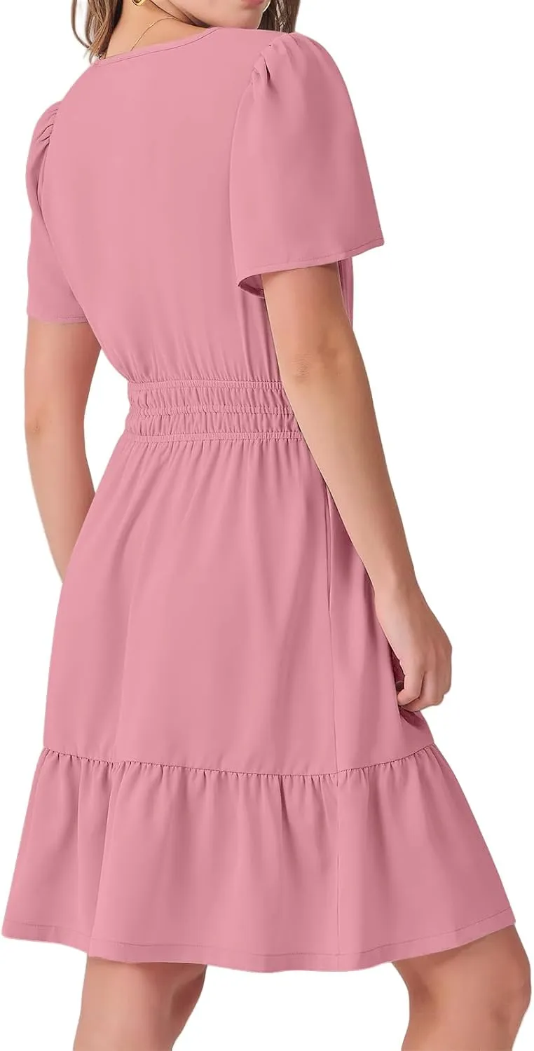 Womens Boho Short Summer Dresses Casual Beach Vacation Sun Dress V Neck Short Sleeve Floral A-Line High Waist Dresses