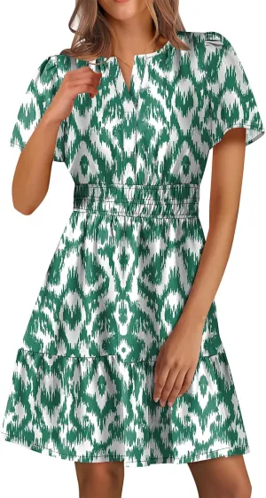 Womens Boho Short Summer Dresses Casual Beach Vacation Sun Dress V Neck Short Sleeve Floral A-Line High Waist Dresses
