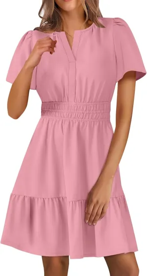 Womens Boho Short Summer Dresses Casual Beach Vacation Sun Dress V Neck Short Sleeve Floral A-Line High Waist Dresses