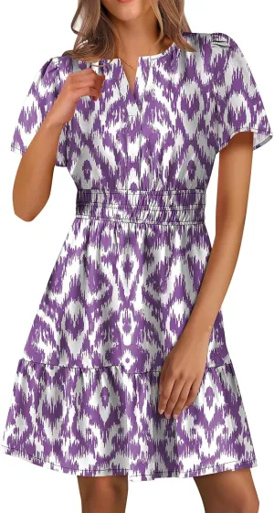 Womens Boho Short Summer Dresses Casual Beach Vacation Sun Dress V Neck Short Sleeve Floral A-Line High Waist Dresses