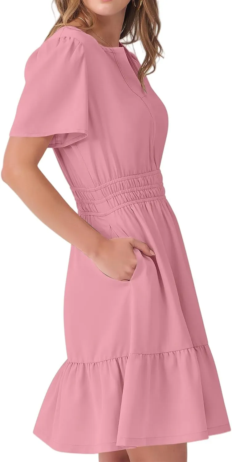 Womens Boho Short Summer Dresses Casual Beach Vacation Sun Dress V Neck Short Sleeve Floral A-Line High Waist Dresses