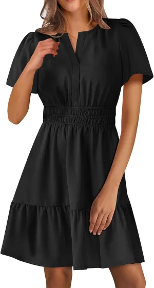 Womens Boho Short Summer Dresses Casual Beach Vacation Sun Dress V Neck Short Sleeve Floral A-Line High Waist Dresses