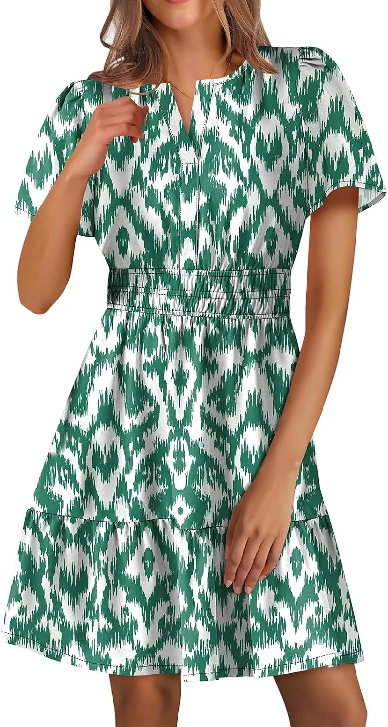 Womens Boho Short Summer Dresses Casual Beach Vacation Sun Dress V Neck Short Sleeve Floral A-Line High Waist Dresses