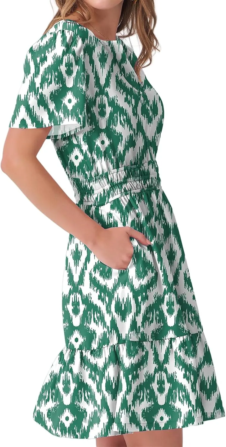 Womens Boho Short Summer Dresses Casual Beach Vacation Sun Dress V Neck Short Sleeve Floral A-Line High Waist Dresses