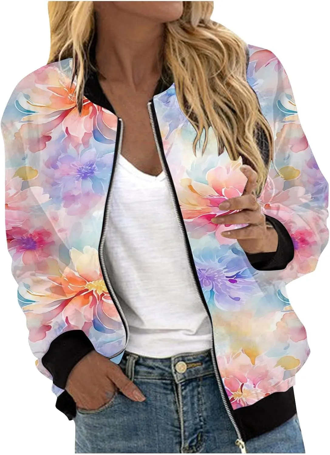 Womens Bomber Jacket 2024 Trendy Casual Lightweight Floral Print Zip Up Coats Outerwear Windbreaker with Pockets
