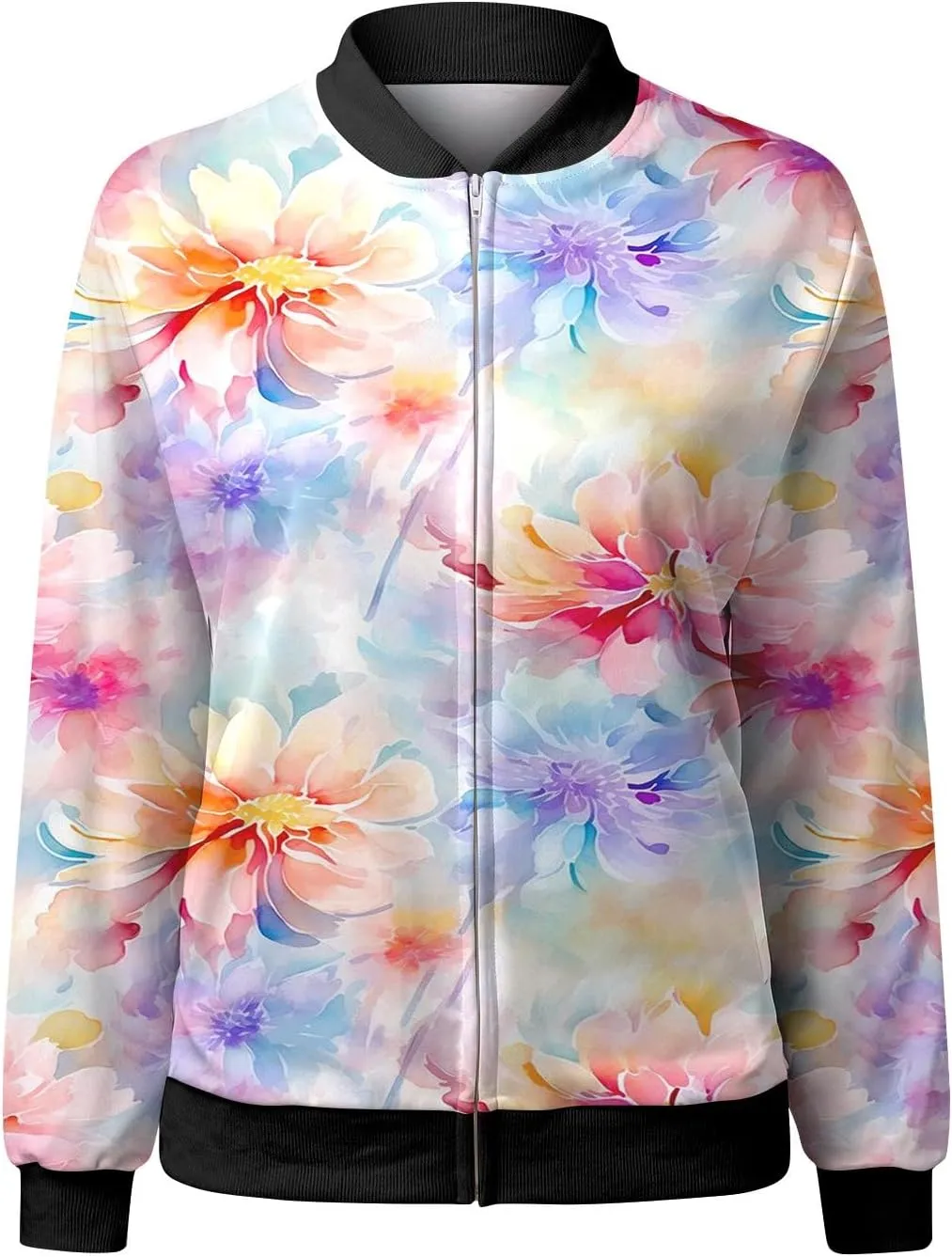 Womens Bomber Jacket 2024 Trendy Casual Lightweight Floral Print Zip Up Coats Outerwear Windbreaker with Pockets