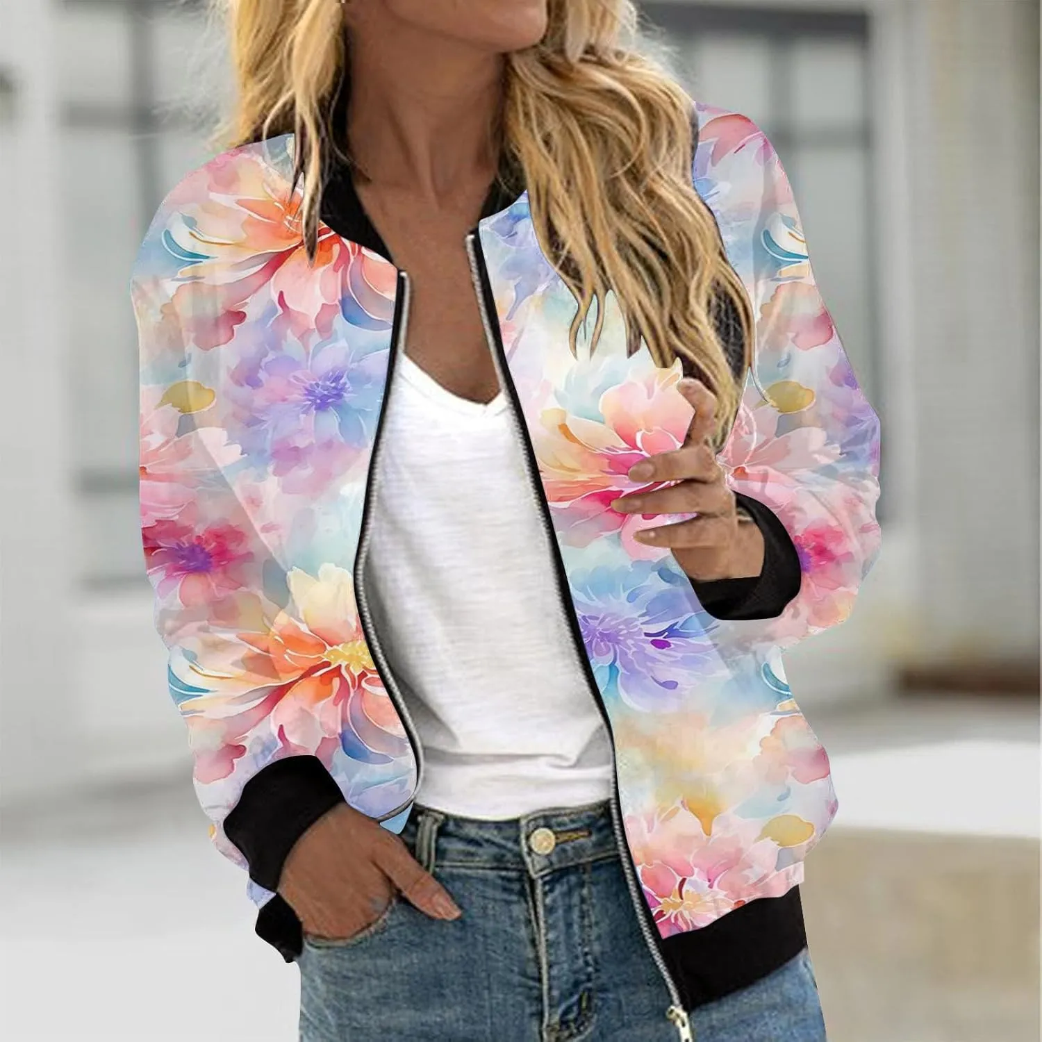 Womens Bomber Jacket 2024 Trendy Casual Lightweight Floral Print Zip Up Coats Outerwear Windbreaker with Pockets