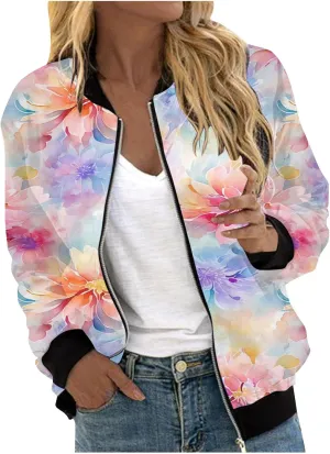 Womens Bomber Jacket 2024 Trendy Casual Lightweight Floral Print Zip Up Coats Outerwear Windbreaker with Pockets