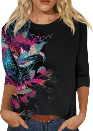 Women's Casual 3/4 Sleeve T-Shirts Round Neck Cute Tunic Tops Soft Y2k Streetwear Lightweight Painting Graphic Tees