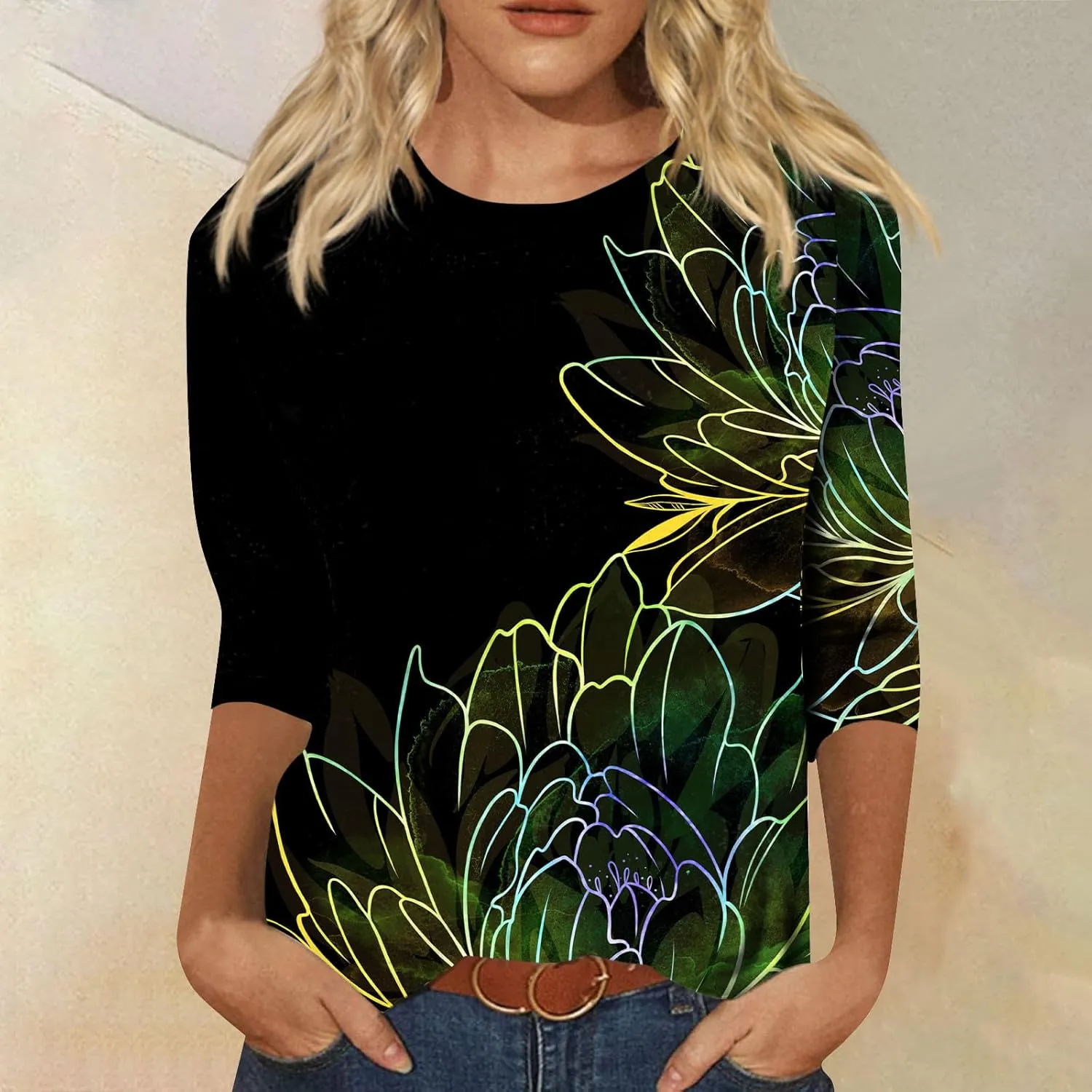 Women's Casual 3/4 Sleeve T-Shirts Round Neck Cute Tunic Tops Soft Y2k Streetwear Lightweight Painting Graphic Tees