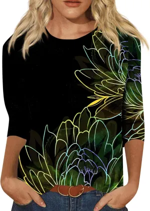 Women's Casual 3/4 Sleeve T-Shirts Round Neck Cute Tunic Tops Soft Y2k Streetwear Lightweight Painting Graphic Tees
