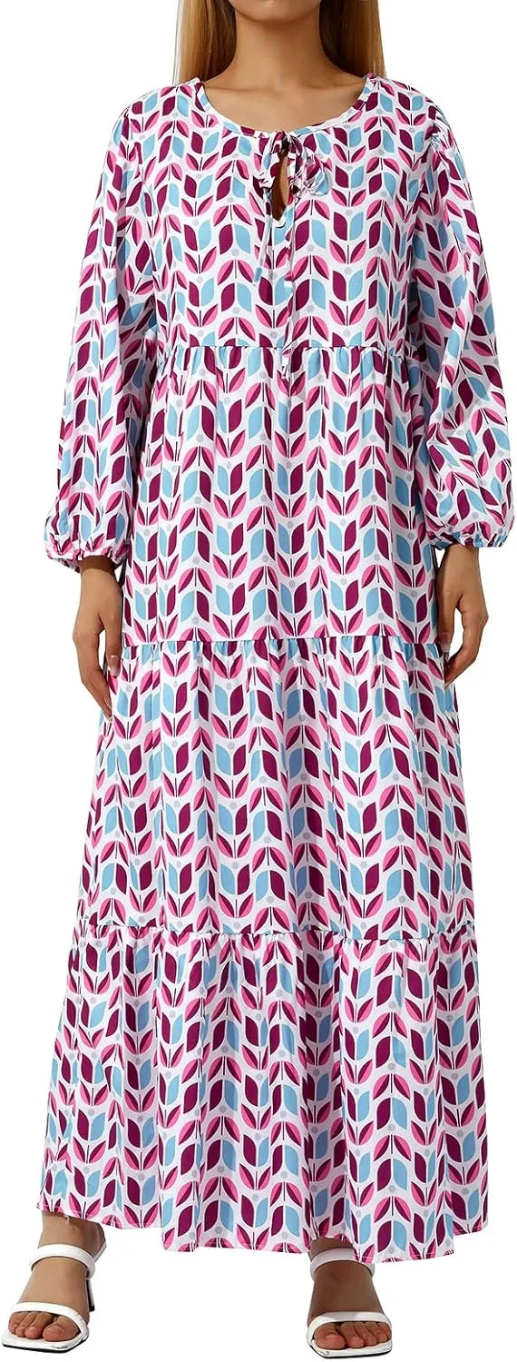 Women's Casual Loose Bohemian Maxi Dress Floral V Neck Puff Long Sleeve Tiered Long Swing Dress Summer Beach Sundress