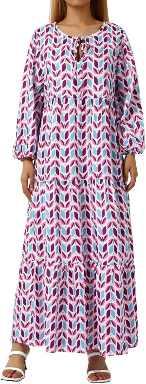 Women's Casual Loose Bohemian Maxi Dress Floral V Neck Puff Long Sleeve Tiered Long Swing Dress Summer Beach Sundress